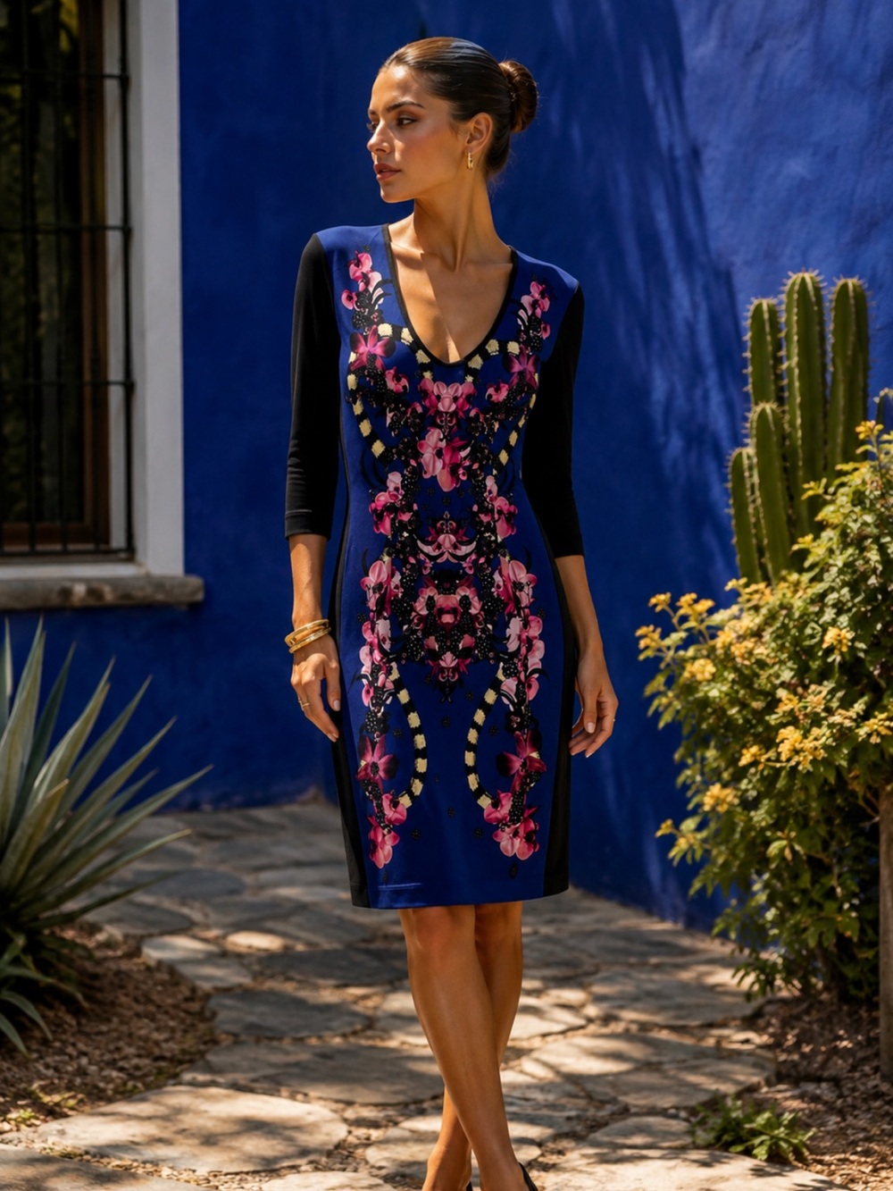 Just Cavalli Orchid Floral 3/4 Sleeves Black Dress, Size 40/US 4(S),‎ EUC